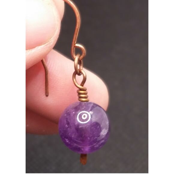 Amethyst Copper Wire Earrings Artisan 12mm Round Purple Gemstone Drop Dangle New - Picture 5 of 8